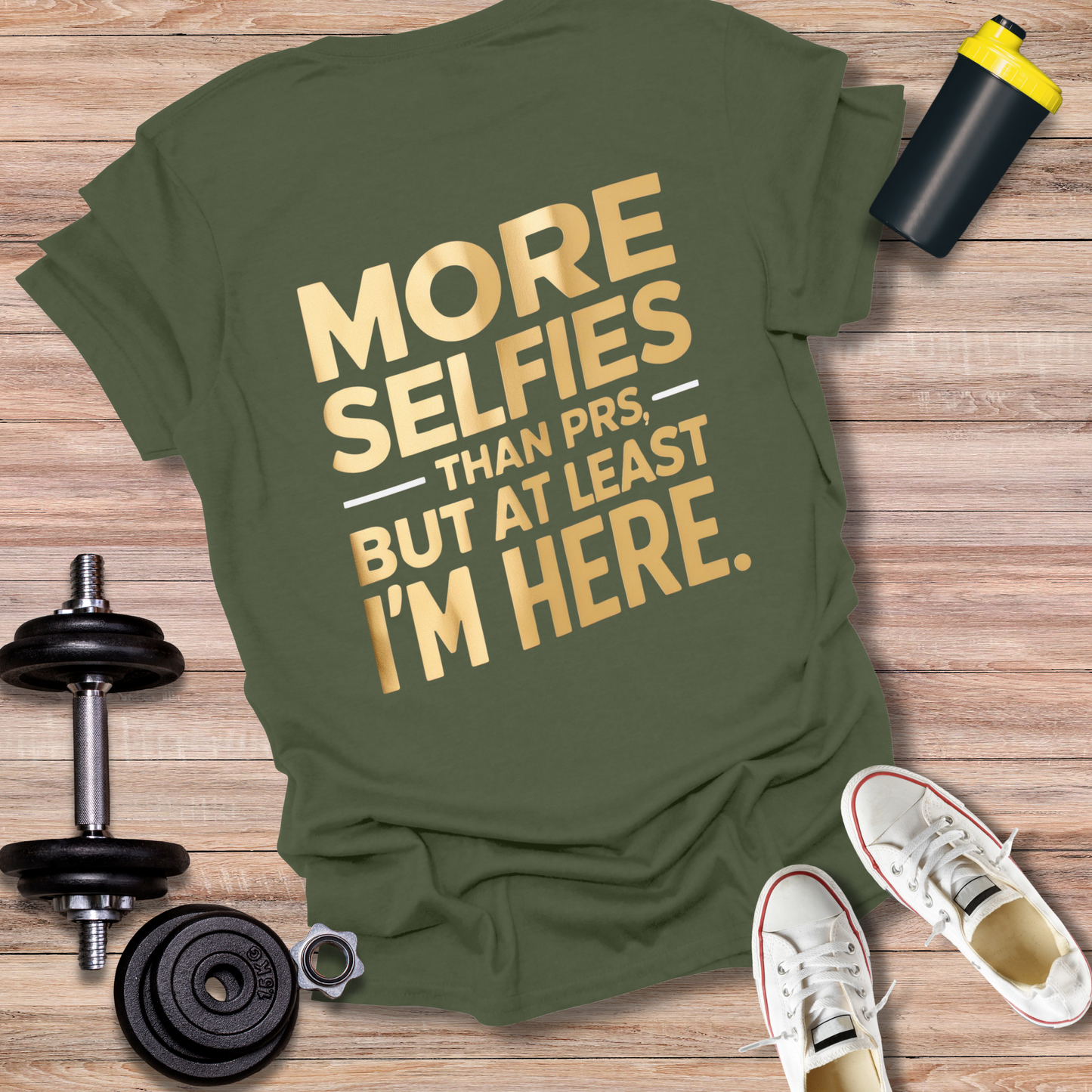 StoicLift Unisex Softstyle T-Shirt – "MORE SELFIES THAN PRS, BUT AT LEAST I'M HERE."