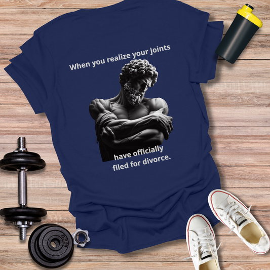 StoicLift Unisex Softstyle T-Shirt – "When you realize your joints have officially filed for divorce."