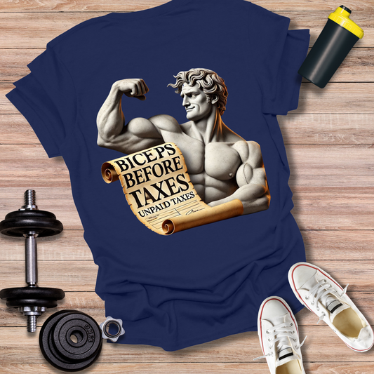StoicLift Unisex Softstyle T-Shirt – "Biceps before taxes, unpaid taxes."