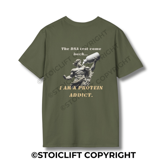 StoicLift Unisex Softstyle T-Shirt – "DNA test came back... I am a protein addict."