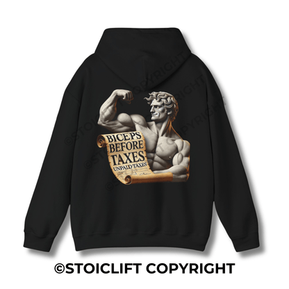 StoicLift Heavy Blend Hoodie - "Biceps before taxes, unpaid taxes."