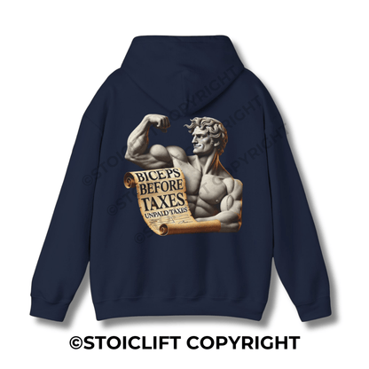 StoicLift Heavy Blend Hoodie - "Biceps before taxes, unpaid taxes."