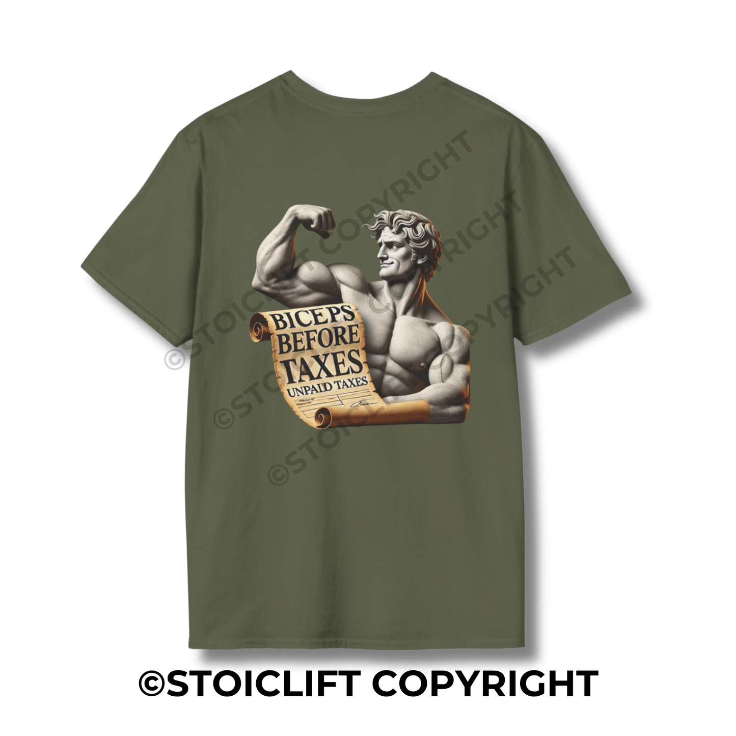 StoicLift Unisex Softstyle T-Shirt – "Biceps before taxes, unpaid taxes."