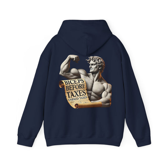 StoicLift Heavy Blend Hoodie - "Biceps before taxes, unpaid taxes."