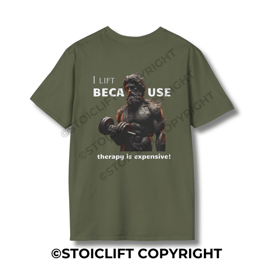 StoicLift Unisex Softstyle T-Shirt – "I lift because therapy is expensive!"