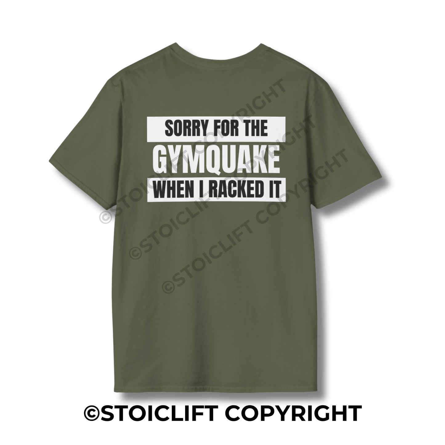 StoicLift Unisex Softstyle T-Shirt – "SORRY FOR THE GYMQUAKE WHEN I RACKED IT"