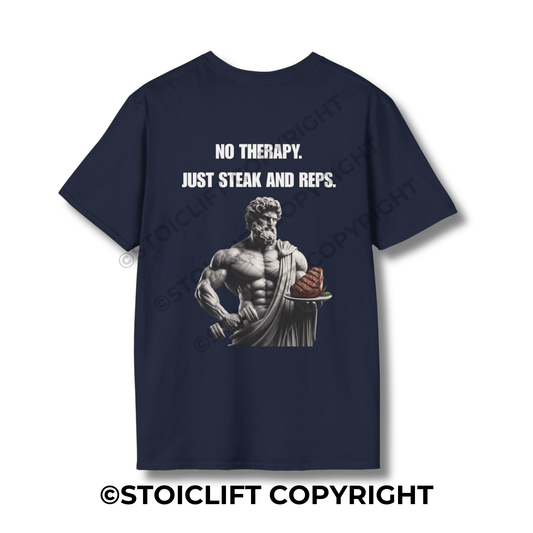 StoicLift Unisex Softstyle T-Shirt – "NO THERAPY. JUST STEAK AND REPS."
