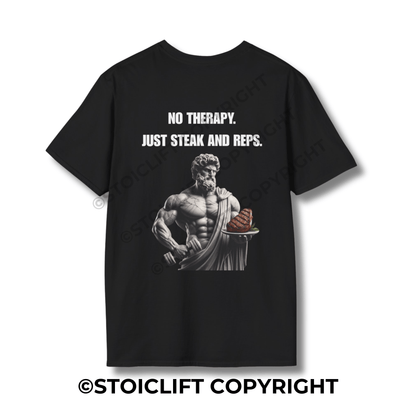 StoicLift Unisex Softstyle T-Shirt – "NO THERAPY. JUST STEAK AND REPS."